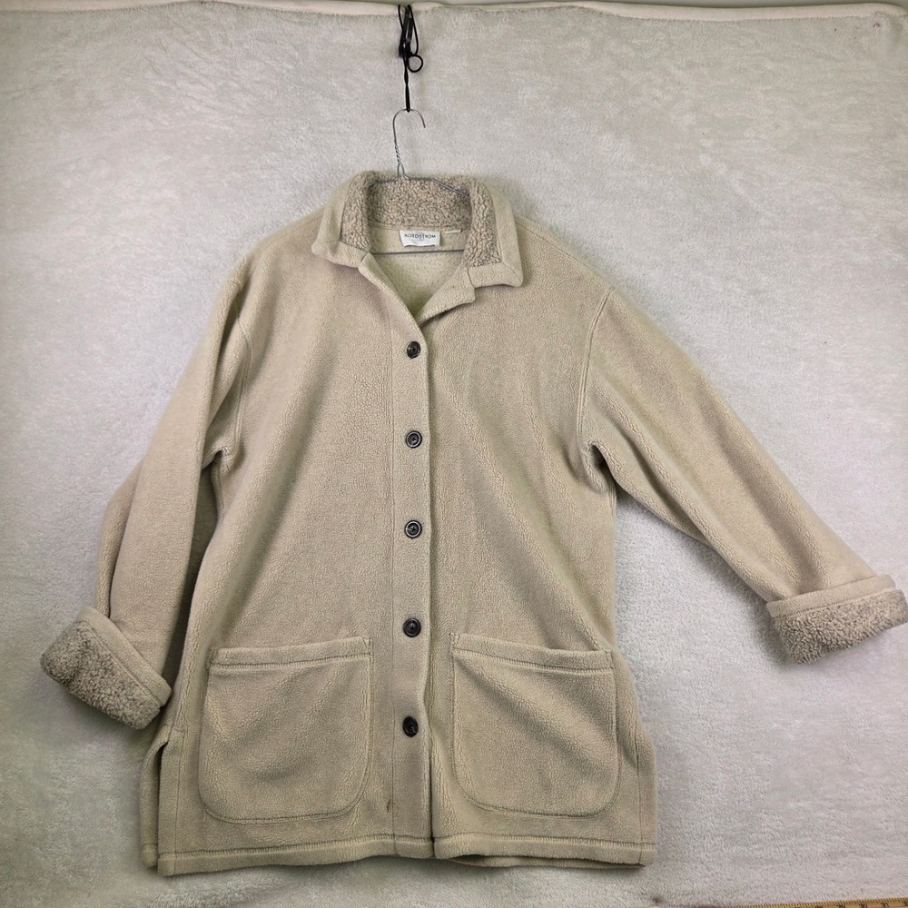 Nordstrom Beige Fleece Button Up Jacket Sherpa Collar Pockets Cream Cardigan